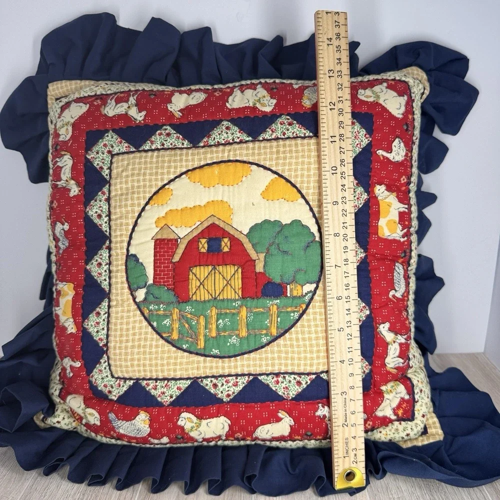Farmhouse Barn Throw‎ Pillow Quilted Ruffle Edge Country Decor Red Blue